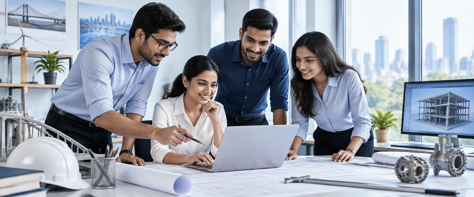 Engineers collaborating around a laptop